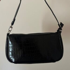 Black leather shoulder bag with crocodile texture